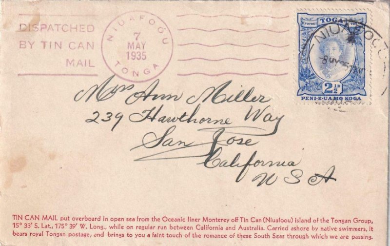 1935, Niuafoou, Tonga to San Jose, CA, Tin Can Canoe Mail (42964) 
