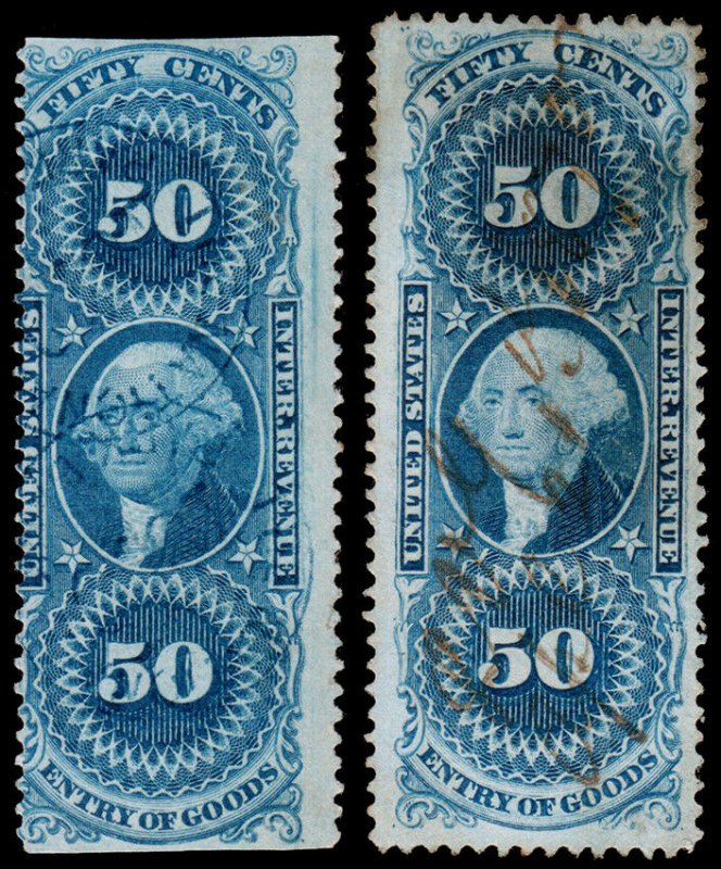 United States Revenue Scott R55b, R55c (1862-71) Used F, CV $18.10 W