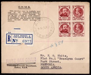 Australia 1951 Sc#245a GOLD DISCOVER REGISTERED LETTER TO SOUTH AFRICA