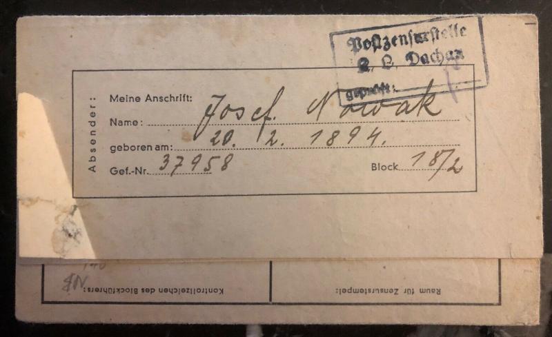 1943 Germany Dachau Concentration Camp Letter Cover to Poznań Polan Nowak