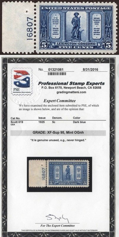 US Sc 619 Blue 5¢ MNH Original Gum Plt No. 16807 PSE Cert Graded XF-Sup95