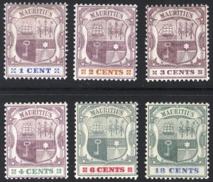 Mauritius 1895 1c-18c Arms 1st Scott 91,94,95,97,103&109 SG 127-132 MH Cat $43