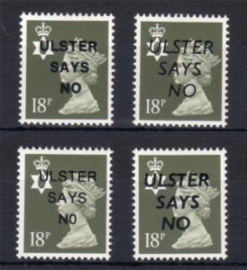 18p NORTHERN IRELAND REGIONAL x4 UNMOUNTED MINT + 'ULSTER SAYS NO' OVERPRINTS