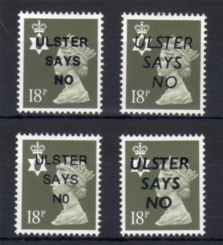 18p NORTHERN IRELAND REGIONAL x4 UNMOUNTED MINT + 'ULSTER SAYS NO' OVERPRINTS