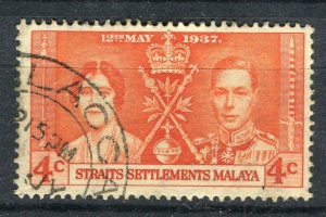 STRAIGHTS SETTLEMENTS; 1937 early GVI Coronation issue fine used 4c. value