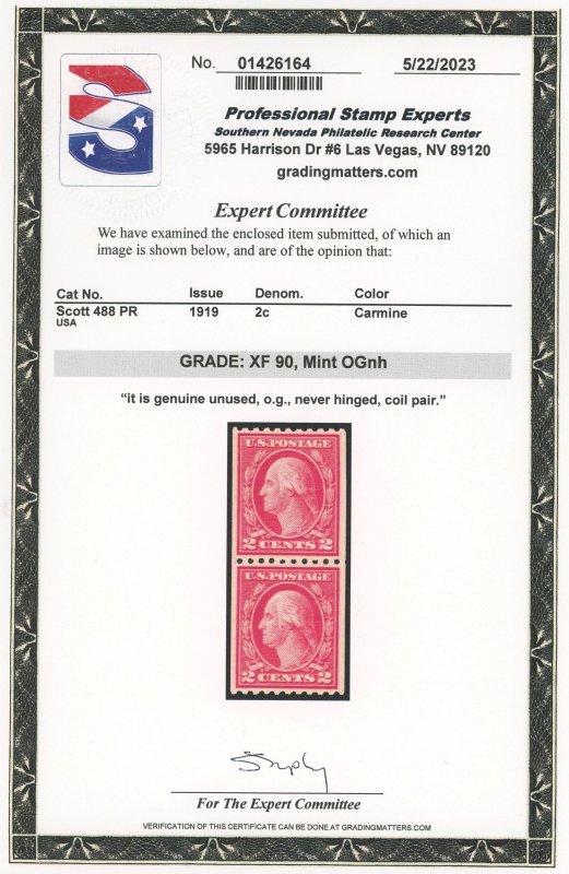 USA 488 - Rotary Type III coil pair - PSE Graded Cert: XF 90 Mint OGnh