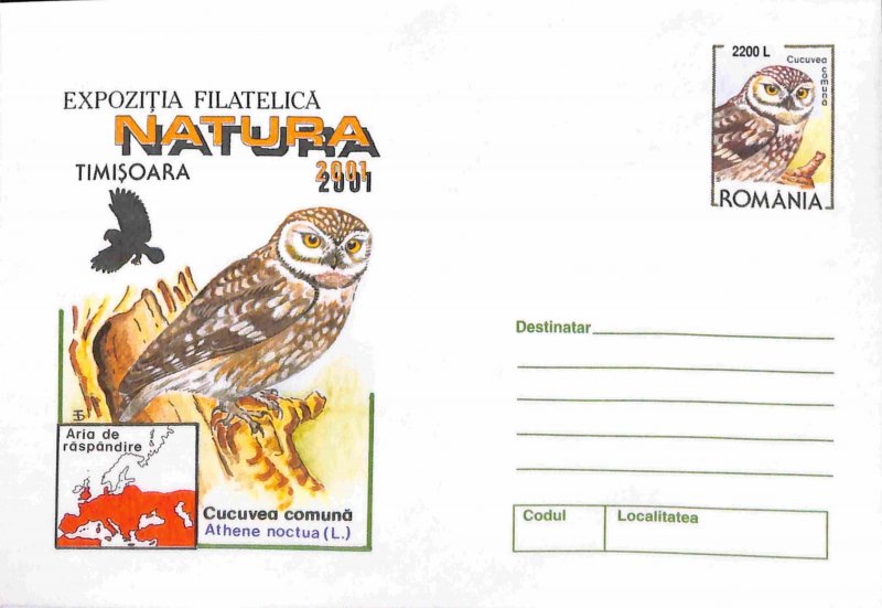Romania PSE prepaid envelope 2001 Athene noctua Little owl birds raptors
