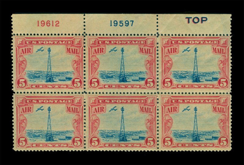 US 1928 AIRMAIL Beacon on Rocky Mountains 5c car & blue Sc C11 MH/NH Plate Block