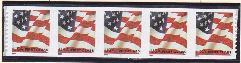 US 3622 MNH 2002 First Class (37¢) Flag PNC5 Plate Number Coil Strip of 5 #1111