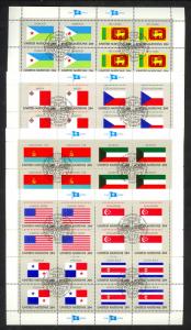 UNITED NATIONS FLAGS 1981 COMPLETE SHEETS w FDOI POSTMARKS NH Sc 350-365