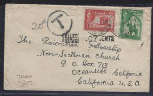 GOLD COAST (P1609B) 1949 KGVI 1/2D+1 1/2D TAXED COVER TO USA