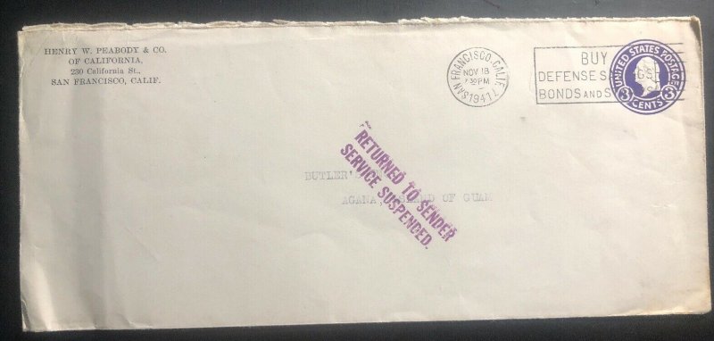 1941USA Stationery Cover to Agana Guam Island Returned Service Suspended
