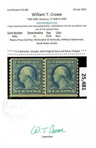 U.S. #496a MNH Pair w/ Crowe Certificate