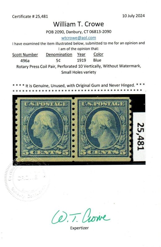U.S. #496a MNH Pair w/ Crowe Certificate