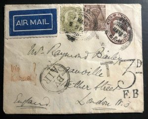 1929 India Stationary Early Airmail cover to  London England Via Karachi