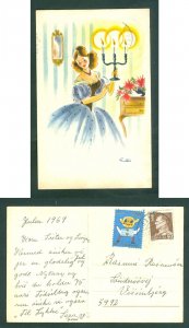 Denmark. Christmas Card 1969. Seal + 20 Ore. Art: Ellis. Young Lady With Candle.