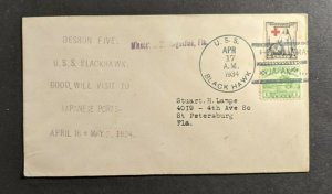 1934 USS Blackhawk Navy Cover to St Petersburg Florida Kokomama Japan Cancel