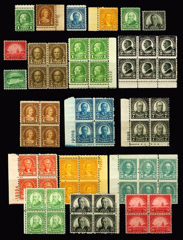 #551 / #699 1925-1931 1/2c-25c Assorted MNH Singles, Blocks Post Office Fresh