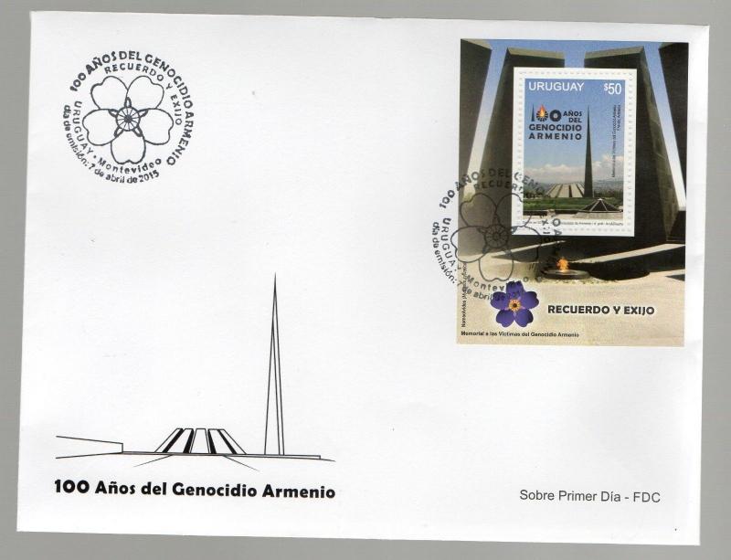 100 aniversary  Armenia Genocide Uruguay 2015 stamp s/s  used on FDC cover  