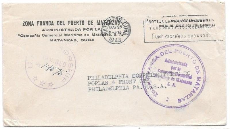 WWII Cuba Censored Official Mail to US Slogan Cancel 1943