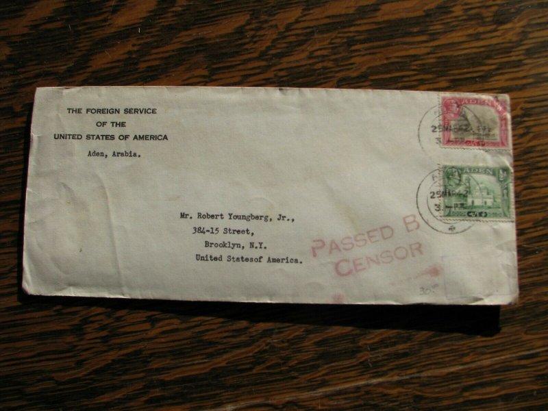 Aden Stamp Cover Censor Sc#16, #22 1945 US Foreign Service Usage