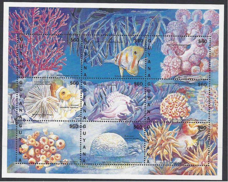 Guyana #3118 MNH sheet of 9, various corals & fish, issued 1996