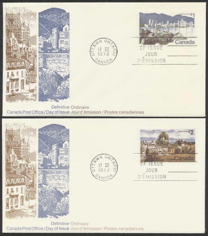 1972 #600-601 Pair of Landscape Definitives FDCs Canada Post Cachets + Inserts