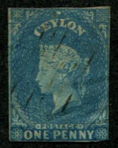 Ceylon SC#1 / SG#2b Victoria,1d, bue paper, Imperf, used