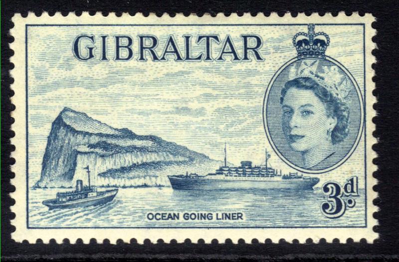 Gibraltar 1953 - 59 QE2 3d Light Blue Ocean Liner MM SG 150 ( M1415 )