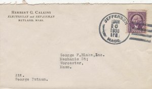 U.S. HERBERT G. CALKINS, Electrician & Repairman,Rutland 1933 Stamp Cover  47624