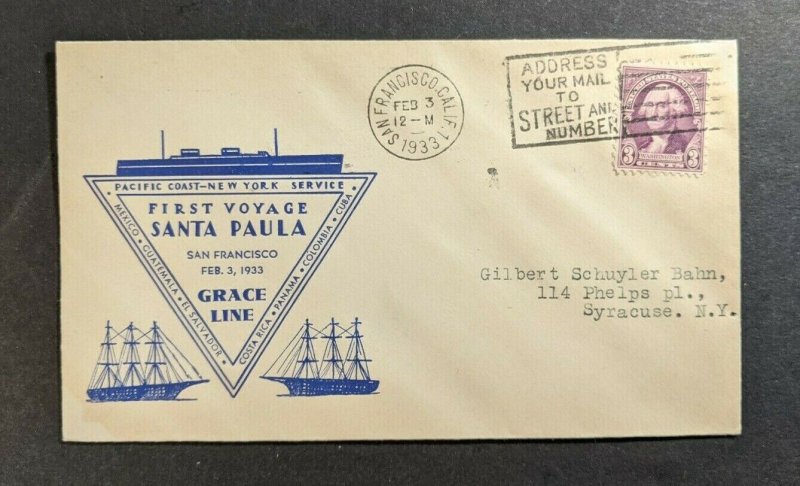 1933 Santa Paula Maiden Voyage Grace Line Cover San Francisco CA to New York