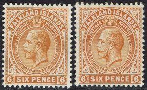 FALKLAND ISLANDS 1912 KGV 6D BOTH SHADES WMK MULTI CROWN CA