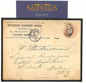 GB Cover ADVERT POSTAL STATIONERY *Italian Colony Club* 1885 Penny Pink MS2978