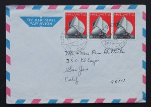 Switzerland #594 Ail Mail Cover Strip of 3 to San Jose Ca, USA 1974