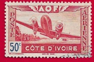 IVORY COAST SCOTT#C6 1942 50c AIRCRAFT OVER LANDSCAPE - USED