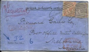 1866 HALIFAX 330 duplex cancelling 4d and 6d on registered cover to Australia.