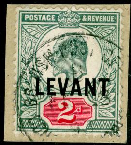 BRITISH LEVANT SGL4ab, 2d dull blue-green & carmine, FINE USED.