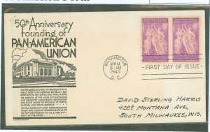 US 895 1940 3c Pan American Union/50th anniv pair on an addressed FDC with an Anderson cachet