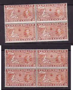 Newfoundland-Sc#234f & g -unused og hinged blocks of 4-Map-KGVI-perf 13.3 x 13.2