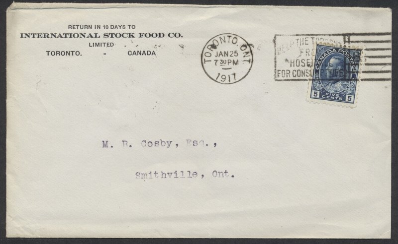 1917 International Stock Food Toronto CC Cover #111 5c Admiral 2oz Letter Rate