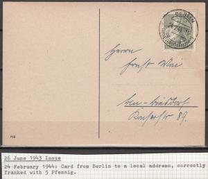 Germany - 24.2.1944 5pf+10Labor Service as single franking on local card(1756)