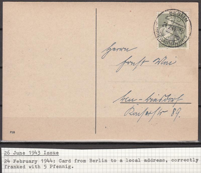 Germany - 24.2.1944 5pf+10Labor Service as single franking on local card(1756)