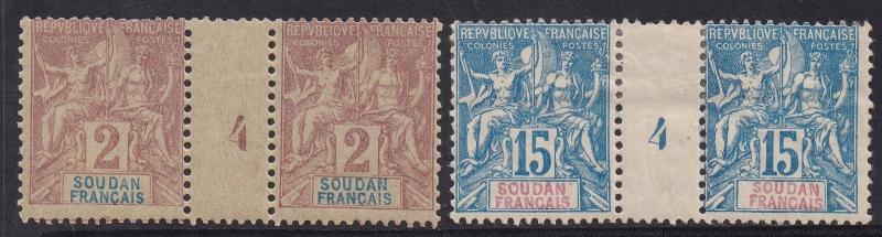 FRENCH SUDAN 1894 PEACE & COMMERCE GUTTER PAIRS 2C AND 15C 