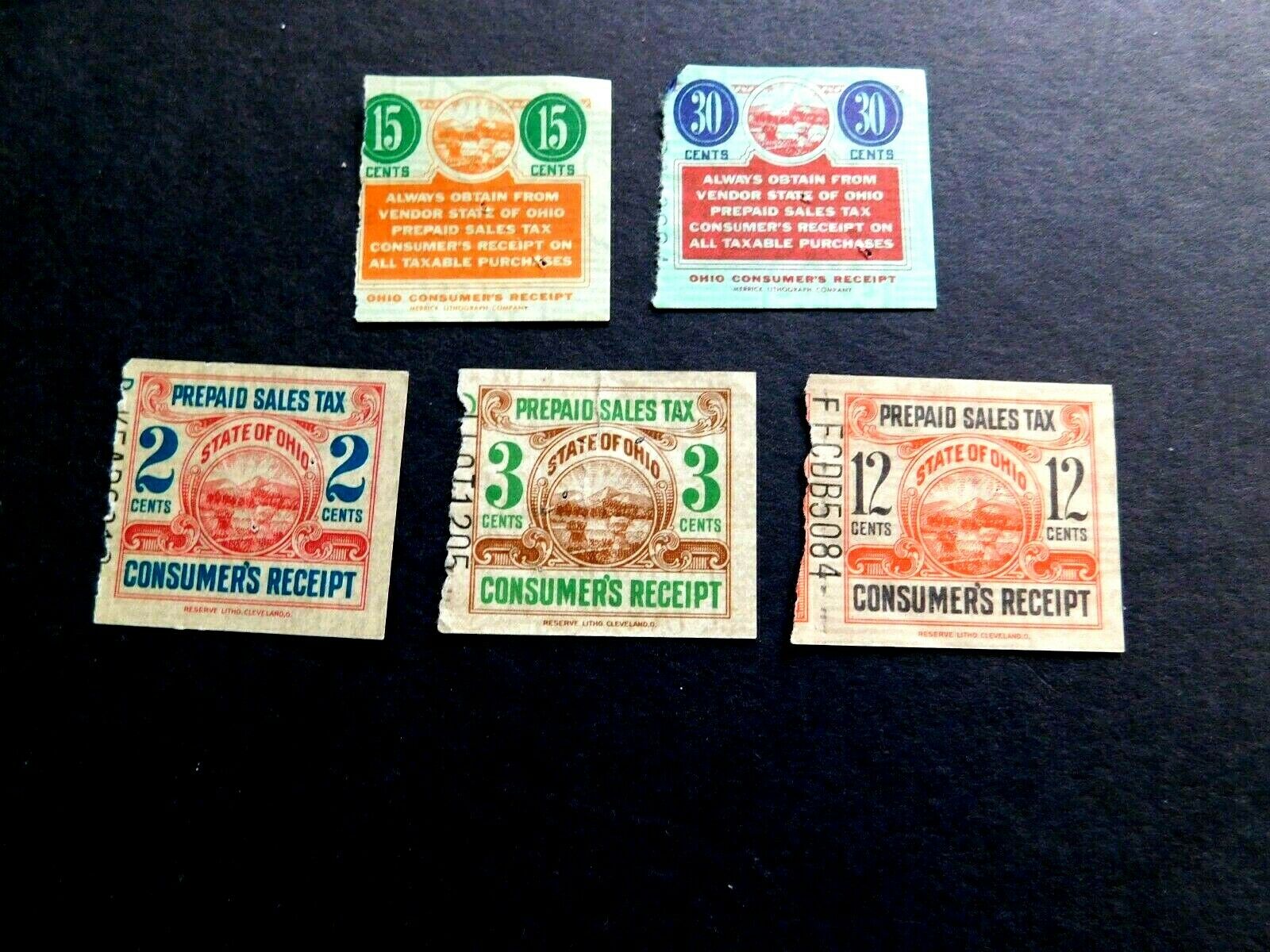 Ohio State Sales Tax Reeipt Stamps, Good, 2, 2, 12, 15 and 30 cents, 5