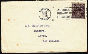 AUSTRALIA 1930 GV 1½d on cover Sydney to New Zealand.......................68292