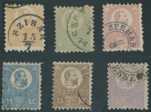 1871, HUNGARY FRANZ JOSEF 2K-25K, LITHOGRAPHIC SET OF 6, POSTAL CANCEL SC #1-6