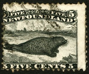 Newfoundland #26 1868 5c Black EFO Harp Seal Used Massive Perf Shifts