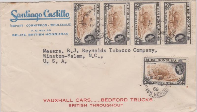 British Honduras 2c QEII Tapir 1955 Belize, British Honduras to Winston Salem...