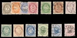 Norway #22-34 Cat$370.50, 1877-78 1o-2k, complete set, used