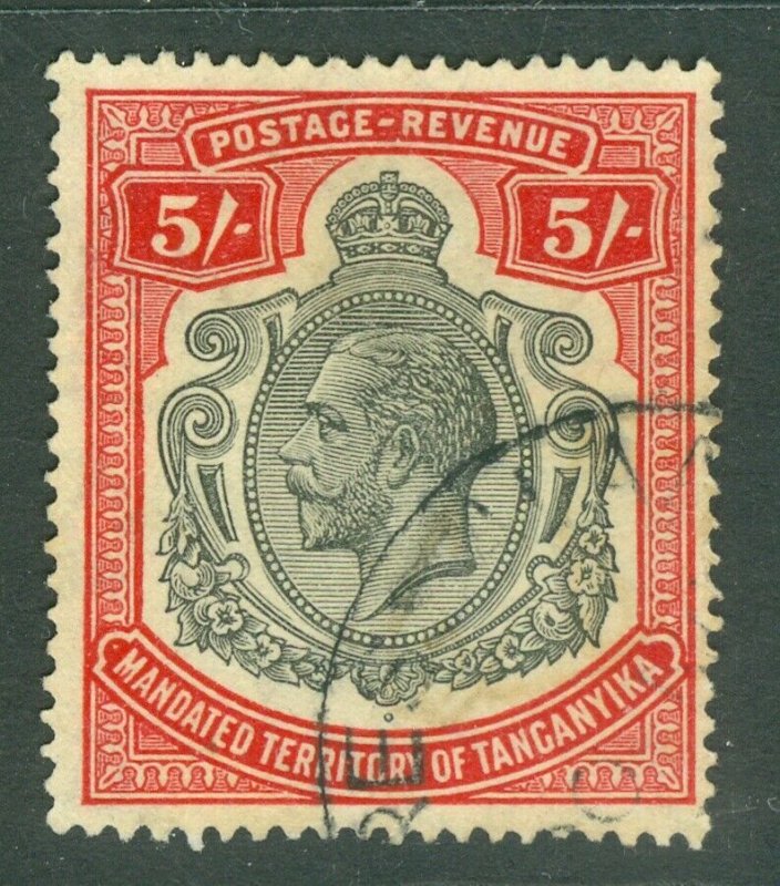 SG 106 Tanganyika 1927-31. 5/- carmine-red. Very fine used part CDS, leaves...